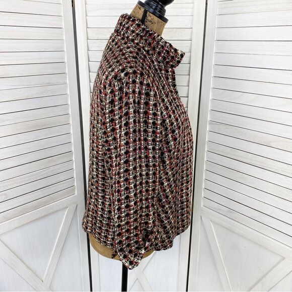 Chicos Tweed Metallic High Neck Open Front Blazer Jacket Red Black Gold Medium - Picture 3 of 14